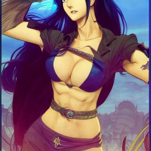 Image similar to highly detailed vfx portrait of nico robin by eiichiro oda!, makoto shinkai, alphonse mucha, art by artgerm and greg rutkowski!, backlit, harsh overhead sunlight, blue eyes!!, large aquiline nose!!, best of behance, concept art, matte, sharp focus, illustration, stanley kubrick - c 9. 0