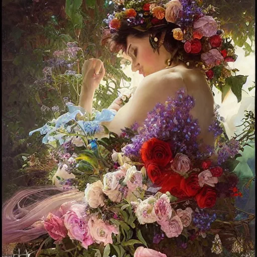 Image similar to an elaborate coffin with a mysterious sleeping beauty holding a large bouquet of flowing flowers, hands hidden under the bouquet, side view, fantasy, regal, intricate, by stanley artgerm lau, greg rutkowski, thomas kindkade, alphonse mucha, loish, norman rockwell