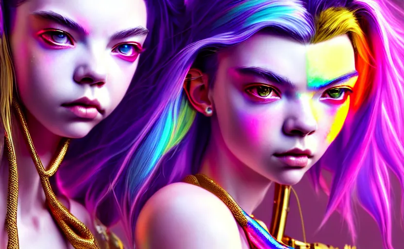 Prompt: hyperdetailed portrait of a stunningly beautiful cyberpunk cutie anya taylor joy made of iridescent metals and shiny pink gems, bright rainbow nimbus, gold necklace, gold background inspired by ross tran and masamune shirow and kuvshinov, intricate, photorealistic, octane render, rtx, hdr, unreal engine, dnd digital art by artgerm