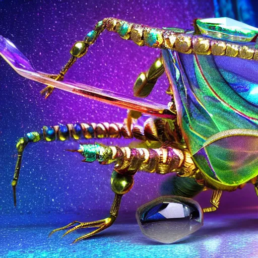 Prompt: an extremely high quality octane render of a crystallised cybertronic cyberpunk massive polished gemstone made of opal labradorite moldavite petalite specimen, peacock mantis shrimp colors, glittering, highly detailed, highly polished, reflective, specular, complimentary colors, 8 k, hd photo, reflections, shimmering, sharp edges, crisp