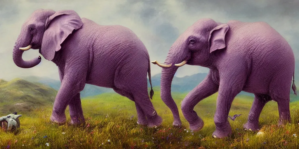Prompt: purple coloured elephant running, raining, mountain, behind meadow, menacing, illustration, detailed, smooth, soft, cold, by Adolf Lachman, Shaun Tan, Surrealism