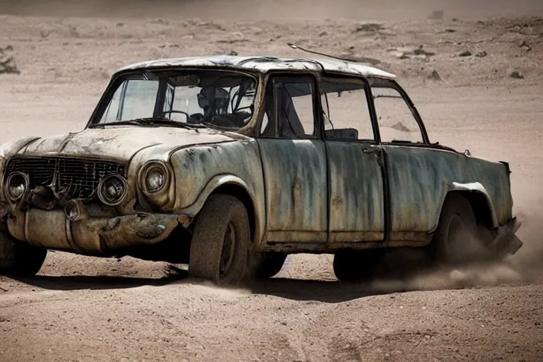 Image similar to trabant in mad max fury road, scene from the film