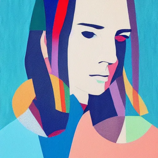 Image similar to A abstract painting in the style of Tatsuro Kiuchi, flat colour-block style, soft organic shapes, portrait of beautiful woman, modern pastel colours