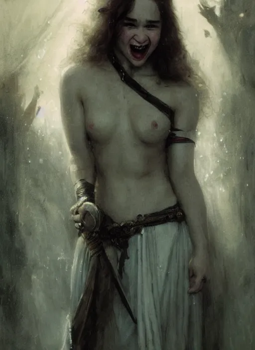 Image similar to smiling young emilia clarke vampire, mouth open, staring seductively, detailed by gaston bussiere, bayard wu, greg rutkowski, giger, maxim verehin, greg rutkowski, masterpiece, sharp focus, cinematic lightning