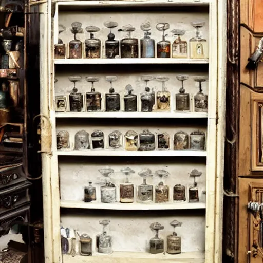 Image similar to apothecary cabinets of curiosities antiques, vintage photo, blade runner, scifi, cfg = 3