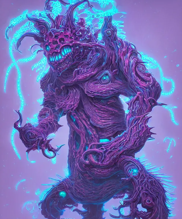 Prompt: a xanathar made of bioluminescence slimy skin, fantasy, elegant, crisp 8 k line art, digital painting, artstation, unreal engine, octane render, emissive lighting, concept art, matte, sharp focus, hyper realistic lighting, illustration, deep royal blue and pink color scheme, art by shintaro kago