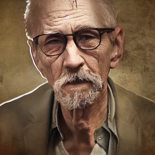 Prompt: oldman looking some photos of his wife Artwork by Andrews, Esao, cinematic composition, trending