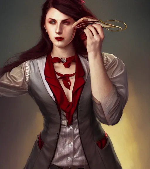 Image similar to female vampire, gold waistcoat, red shirt, grey hair, red necktie, cinematic, stunning, highly detailed, digital painting, artstation, smooth, hard focus, full body shot, illustration, art by artgerm and greg rutkowski and alphonse mucha