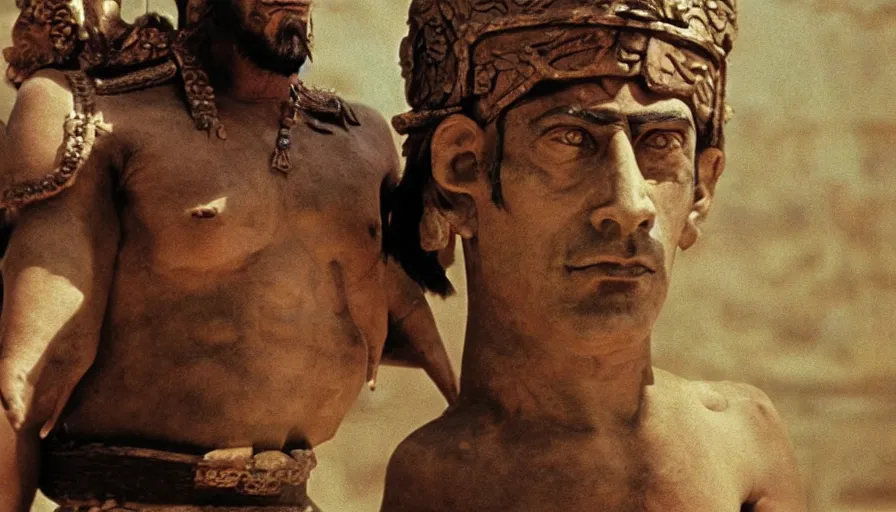 Prompt: dramatic movie stills by pasolini of javier bardem as gilgamesh sumerian king at a ziggurat, sumerian epic movie with sumerian monsters, fights, cinestill 8 0 0 t eastmancolor technicolor, high quality, very detailed, heavy grain, fine facial features, 8 k, octane render