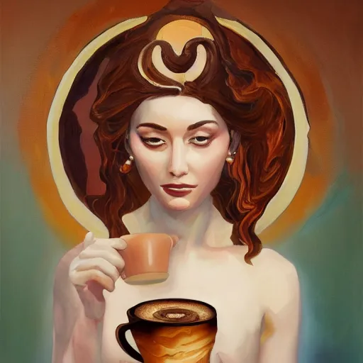 Image similar to goddess of coffee, best on artstation, oil on canvas