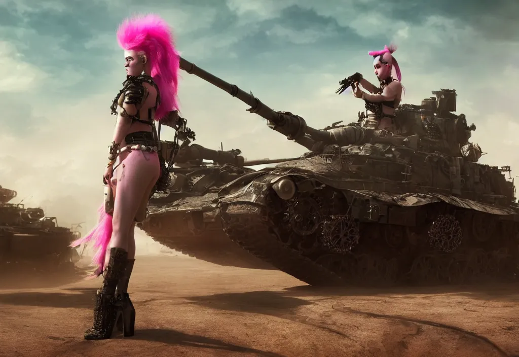 Image similar to beautiful apocalyptic tank girl with pink Mohawk, posing on mad max panzer tank, 4k ultra hd, fantasy dark art, artstation, octane render