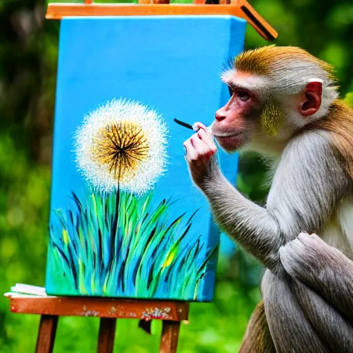 Image similar to photograph of a monkey painting dandelions on a canvas