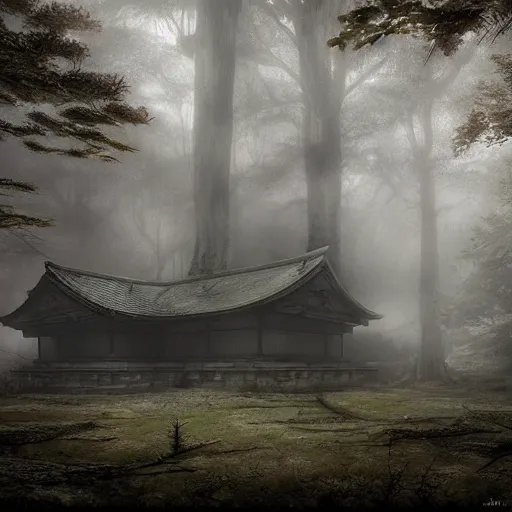 Image similar to Japanese abandoned temple in the woods, dark, moody, foggy, mysterious by Marc Simonetti