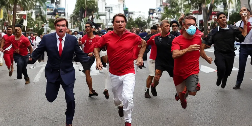 Prompt: Jair bolsonaro, running from a group of people dressed in red