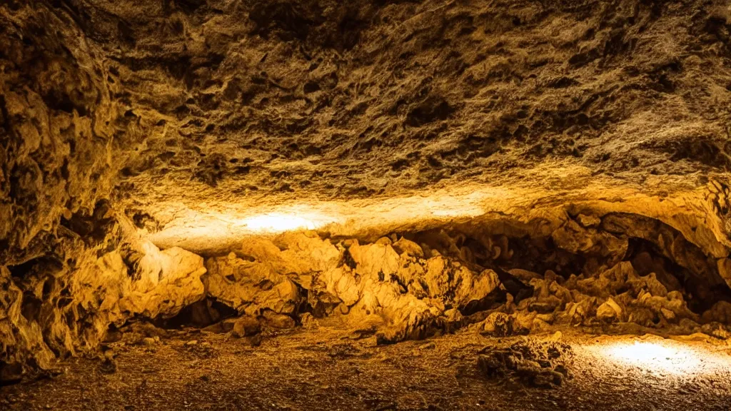 Prompt: a photo of a cave taken with a camera flash light