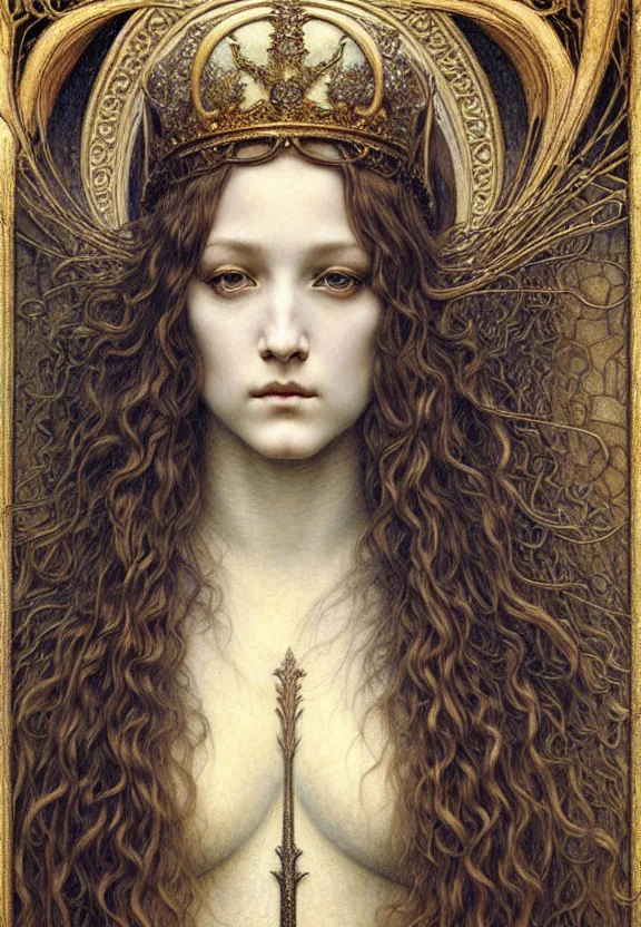 Image similar to detailed realistic beautiful young medieval queen face portrait by jean delville, gustave dore and marco mazzoni, art nouveau, symbolist, visionary, gothic, pre - raphaelite. horizontal symmetry