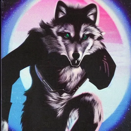 Image similar to 1 9 8 0 s video game art of anthropomorphic wolf o'donnell from starfox fursona furry wolf in a dark space mercenary uniform, looking heroic, magazine scan, 8 0 s game box art, dark grey wolf o'donnell