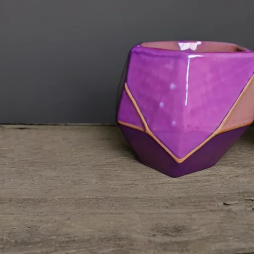 Prompt: geodesic triangle ceramic mug with pink and purple pearlescent glaze