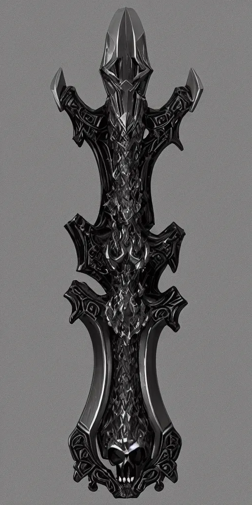 Image similar to a black and silver axe skull crest, ornament, dwrven weapon, by dom qwek, trending on polycount, artstation, hard surface modeling