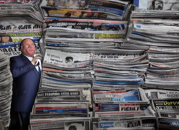 Prompt: dslr photo still of infowars host alex jones in a blue suit fat grey beard and mustache in a!!! room filled to the ceiling with newspapers newspapers to the ceiling newspapers everywhere stacks of newspapers!!!!!! looking at an iphone in shock!!!, 5 2 mm f 1. 8