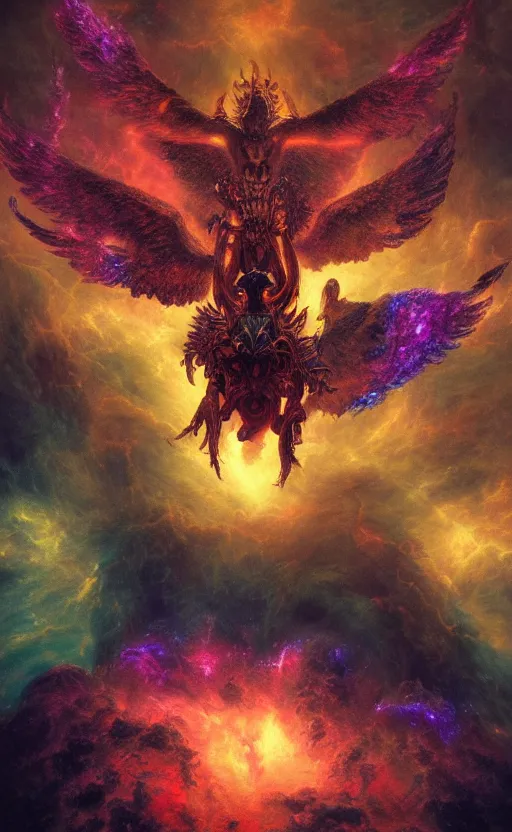 Prompt: horde of demons and angels flying into a nebula portal in the sky, detailed, vivid colors, masterpiece painting, octane render, neon colors, volumetric lighting, cinematic, by gustave dore, by michelangelo, by h. r. giger