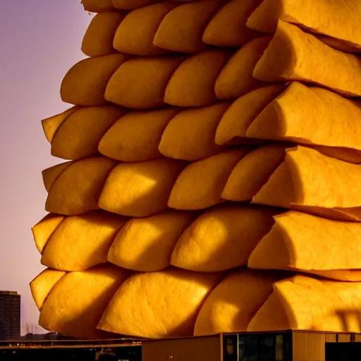 Image similar to a photo of a towering impressive building made of bread, cheese, and lunchmeat, dramatic lighting, bokeh, designed by frank gehry