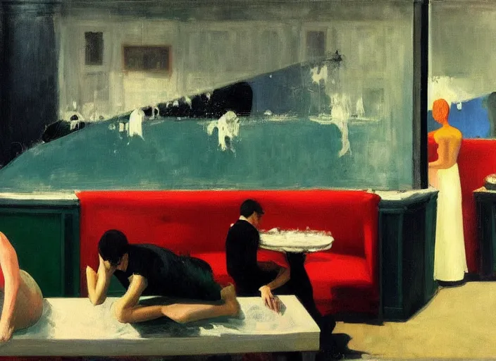 Prompt: realistic lovers collapsed in a the cafe void, curtains, spasms, college girls, couches melting, painted by Edward Hopper, Adrian Ghenie, 8k, Peter Doig, photorealistic, polaroid, melting paint drips