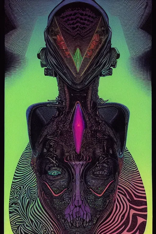 Image similar to portrait of black and psychedelic grainshading print by moebius, richard corben, wayne barlowe, cyberpunk comic cover art, psychedelic triangular skeleton, very intricate, thick outline, full body, symmetrical face, long black crown, in a shapes background, galactic dark colors