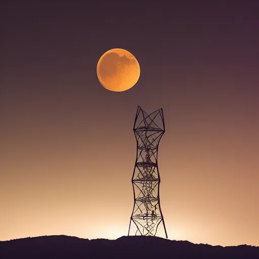 Image similar to Night photography of a misty mountain with a radio tower on top, and a yellow moon directly behind it. Lens compression