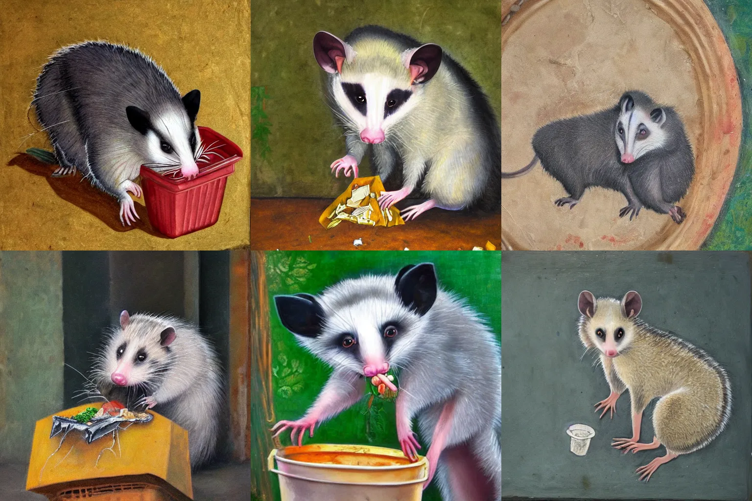 Prompt: opossum eating trash, fresco painting, detailed, 4k