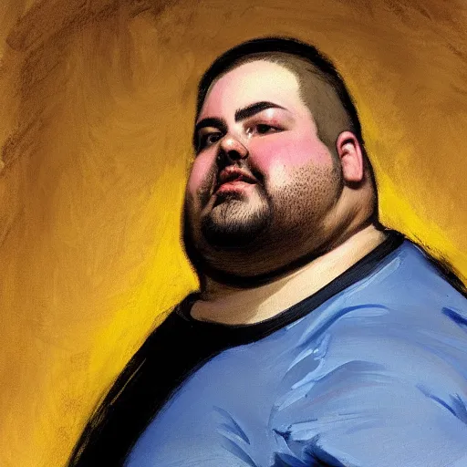 Image similar to highly detailed portrait of a grossly obese man who is shaped like a pear artstation, 8 k, sfx, john singer sargent.