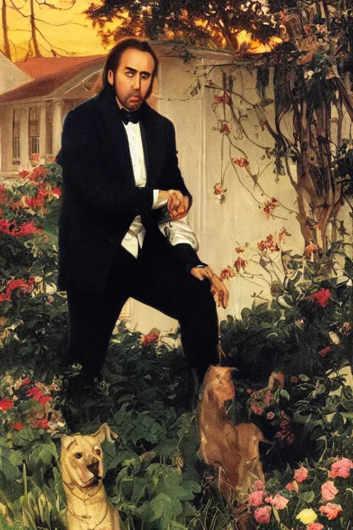 Image similar to Nicolas Cage, golden hour, in a garden, artstation, by J. C. Leyendecker and Peter Paul Rubens,