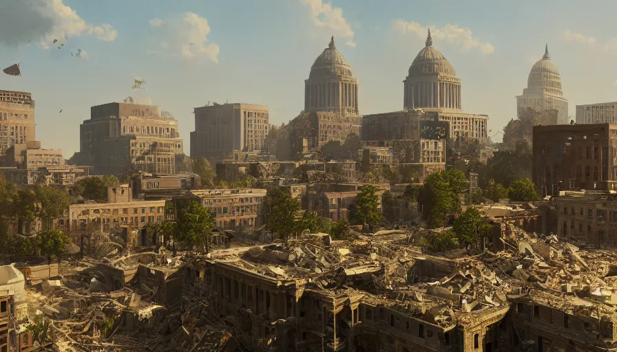 Prompt: craft garden in destroyed washington dc, collapses buildings, sunny day, destroyed capitol in the horizon, hyperdetailed, artstation, cgsociety, 8 k