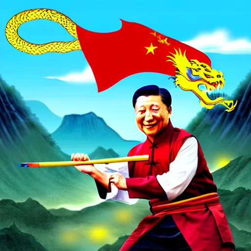 Prompt: Chinese president, battle, bananas weapon, dragon, mountains background, fighting stance, painting