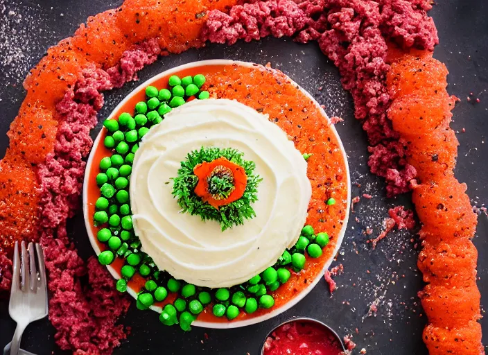 Image similar to dslr food photograph of a birthday cake iced with mashed potatoes and topped with ground beef carrots and peas, 8 5 mm f 1. 8