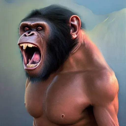 Image similar to Strong Angry Chimpanzee Screaming, Boris Vallejo, Epic, 8k resolution, ArtStation, Hyperrealistic