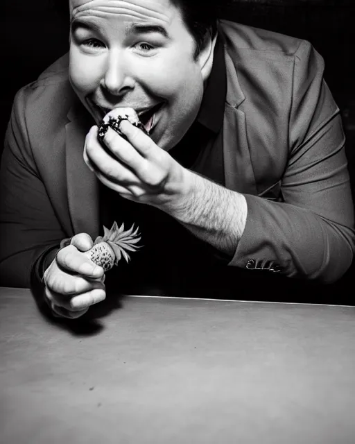 Prompt: A drunk Michael Mcintyre eating a pineapple in a nightclub in Porto,real life skin, intricate, elegant, highly detailed, artstation, concept art, smooth, sharp focus, photo