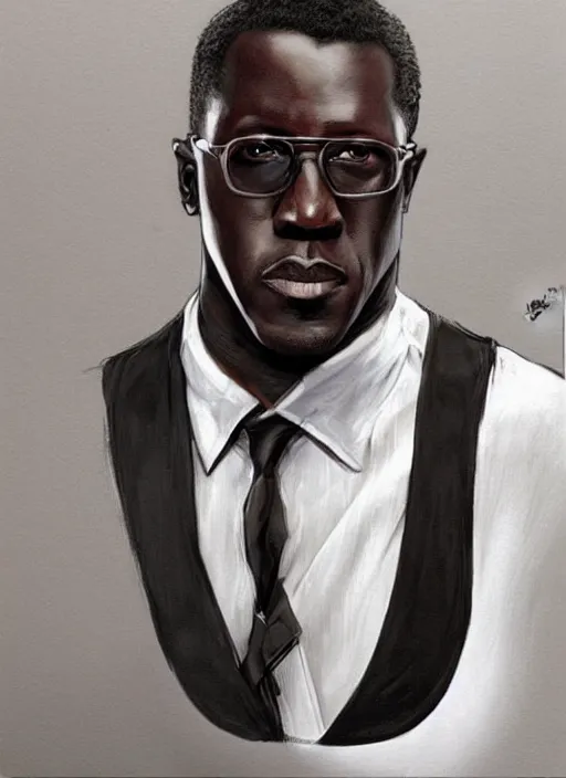 Image similar to wesley snipes as handsome man, wearing a simple black vest and white shirt, centered, digital painting, artstation, concept art, smooth, sharp focus, illustration, art by artgerm and donato giancola