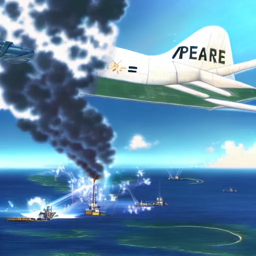 Prompt: japanese anime plane crashing into pearl harbor, 4 k, hyper realistic, dslr, high resolution, landscape, beautiful