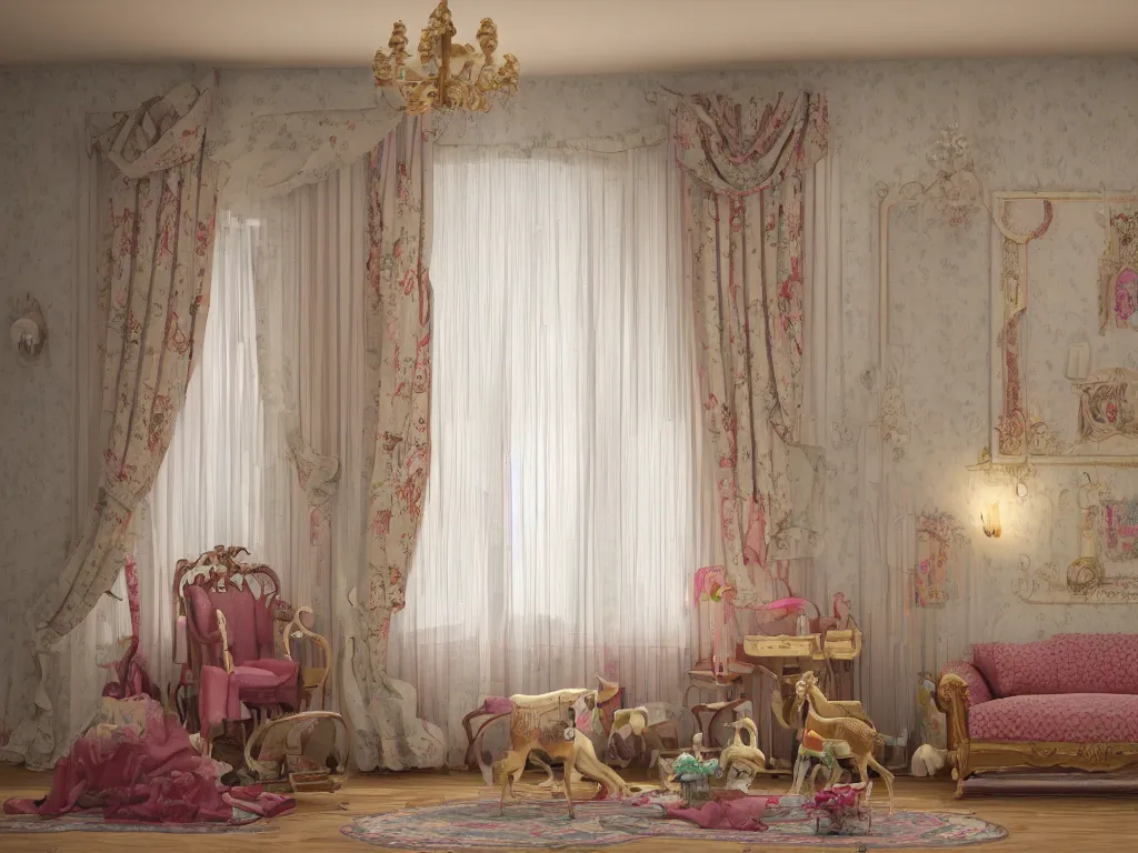 Prompt: 3D render of vintage interior house with very large curtains and toys on the floor and a rocking horse in the middle, High detail, Octane Render, faded colors, pastel colors