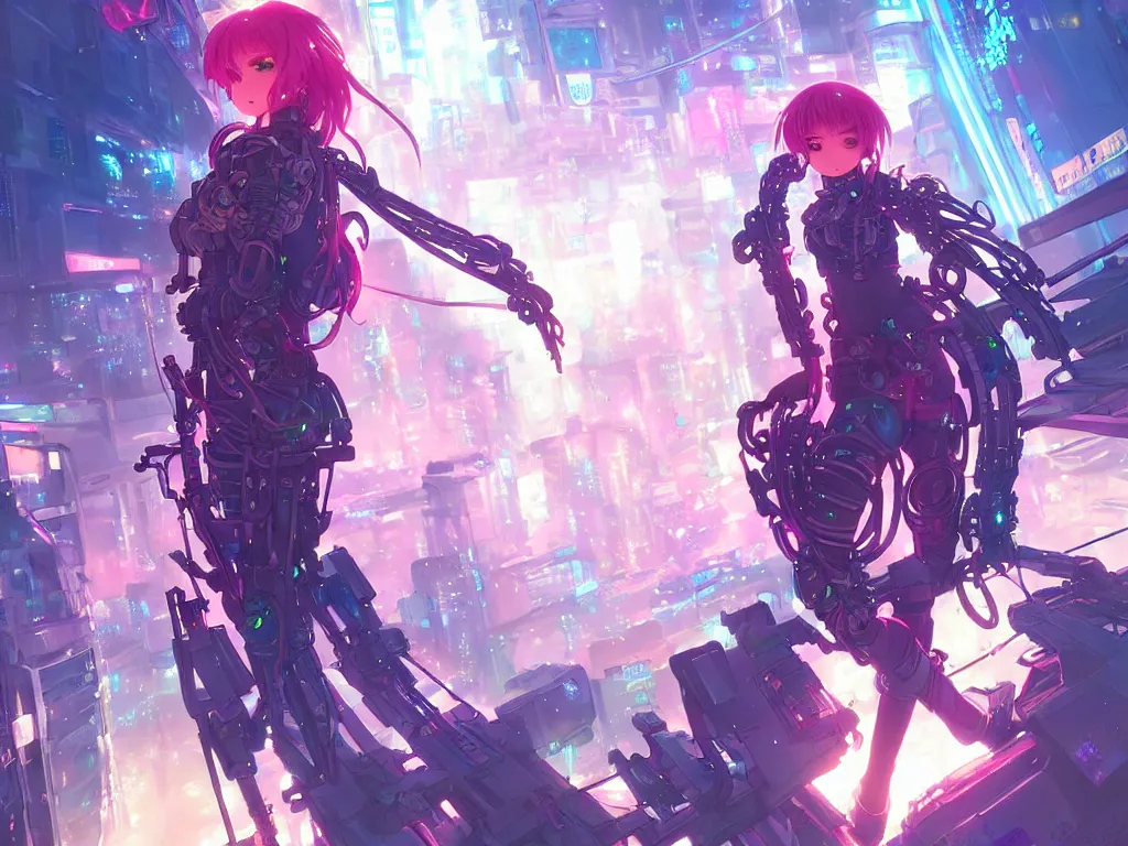 Image similar to anime key visual of futuristic cyber warrior girl, on cyberpunk tokyo rooftop, ssci - fi and fantasy, intricate and very beautiful, neon light, digital painting, artstation, concept art, smooth, illustration, art by rongzhen luo, rossdraws and huaixuan xiang and alphonse mucha and wlop