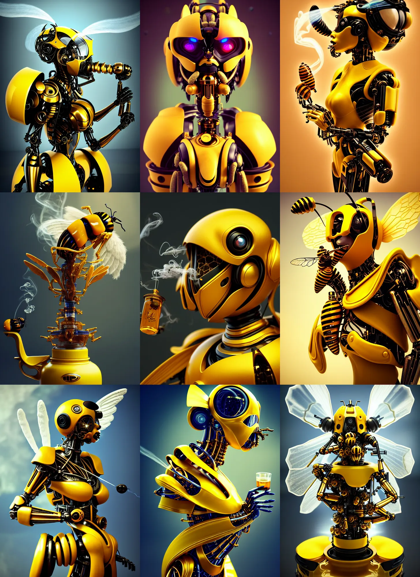 Prompt: transhuman angelic bumblebee edm cyborg smoking elaborate honey bong | ornate | glamorous oily soft polished rich enticing ornate modern | weta disney pixar movie still photo | hi - fructose, sci fi fantasy, golden ratio details, smooth, octane render, sharp focus, artstation, concept art | beeple, feng zhu, mucha, rutkowski |