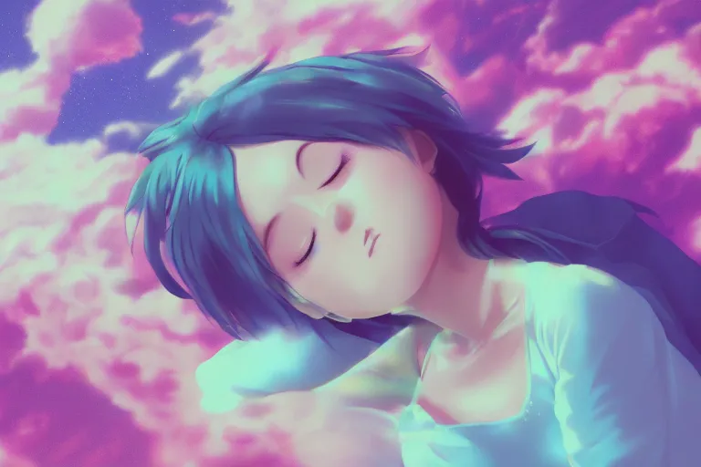 Image similar to a cute anime girl sleeping on a cloud, misty, glows, digital art, hazy, foggy, ambient lighting, 8 k, neon, synthwave,