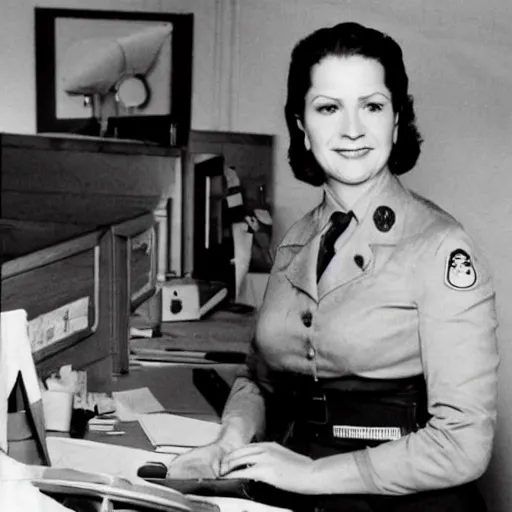 Image similar to Pam from the office, in WWII at her reception desk
