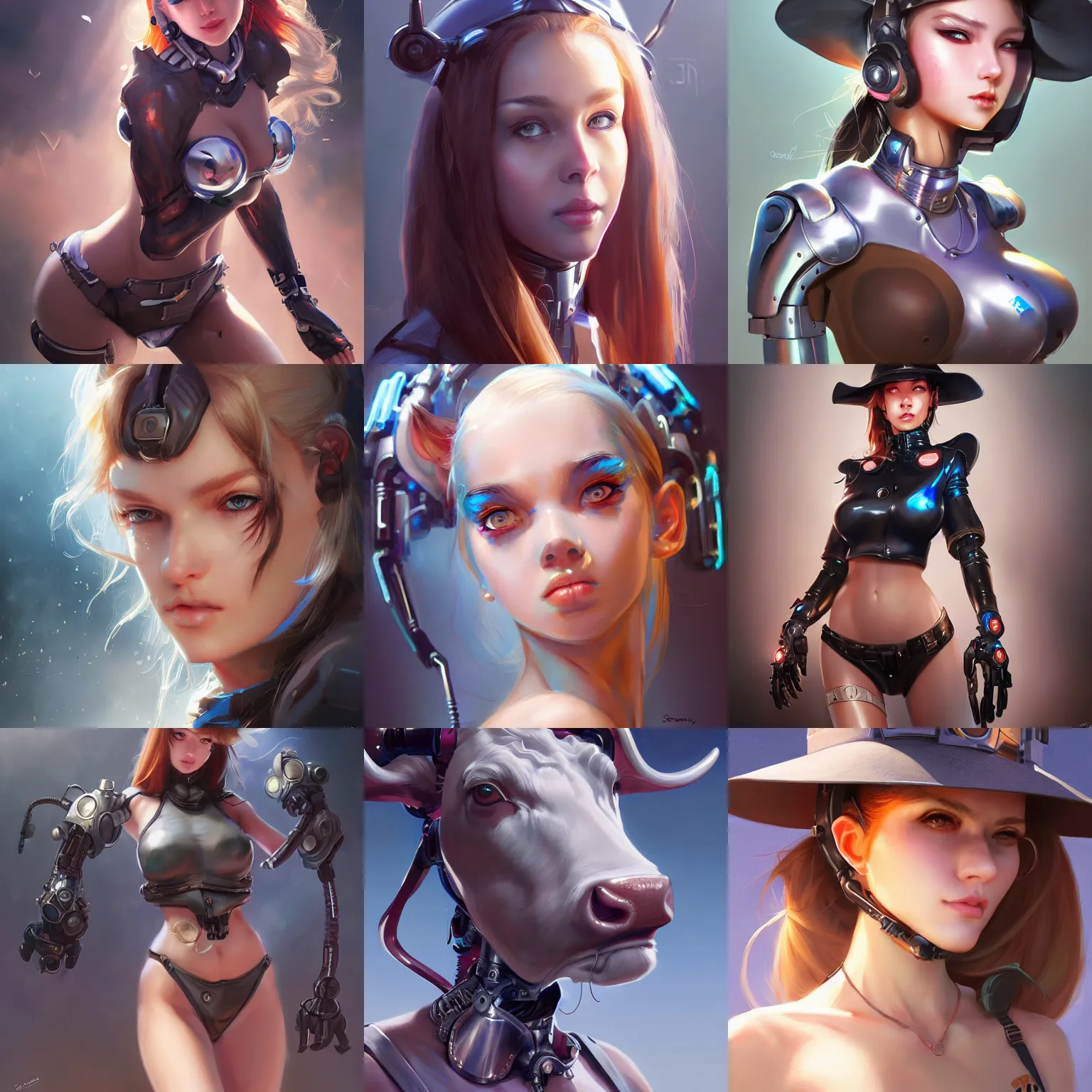 Prompt: A portrait of a cybernetic cow girl, trending on artstation, digital art, by Stanley Artgerm Lau, WLOP, Rossdraws, James Jean, Andrei Riabovitchev, Marc Simonetti, Yoshitaka Amano