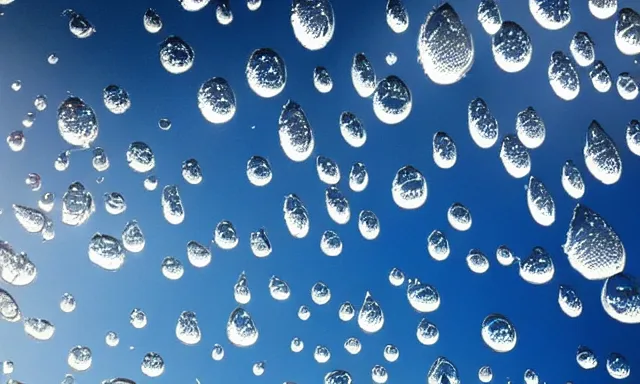 Image similar to beautiful picture of a sunny blue sky with a magical vertical cylindrical tunnel of big upside-down raindrops floating quietly