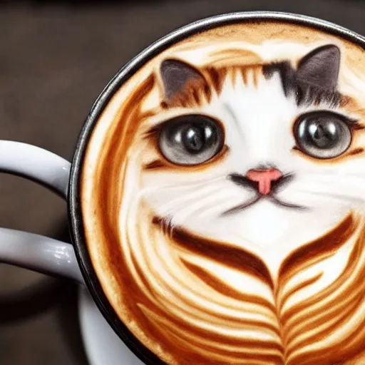 Image similar to a closeup photorealistic photograph of barista drawing calico cat shaped latte art in a cup. professional capture, well lit shot. this 4 k hd image is trending on artstation, featured on behance, well - rendered, extra crisp, features intricate detail, epic composition and the style of unreal engine.