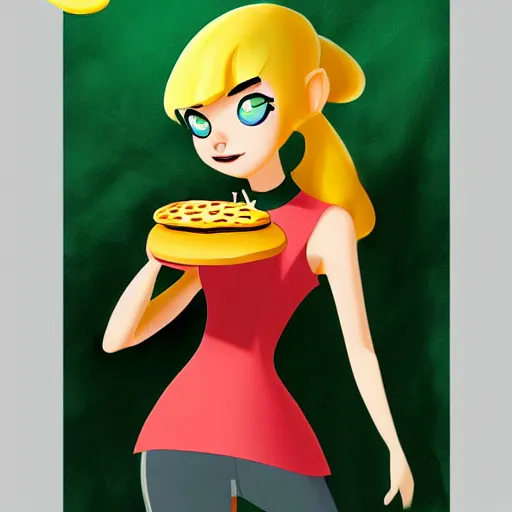 Prompt: buttercup from powerpuff girls eating pizza, digital painting, artstation