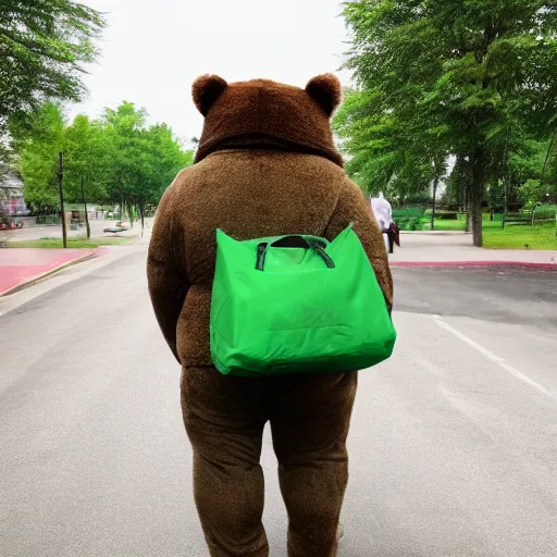 Prompt: big realistic bear standing on two legs, wearing big green bag at his back, square backpack, photo realistic, high detail, smooth