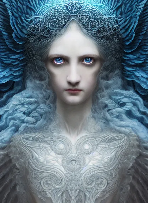 Image similar to Her huge ominous glowing blue eyes staring into my soul , perfect eyes, soft pale white skin, intricate stunning highly detailed, agostino arrivabene, artgerm, twisted dark lucid dream, 8k portrait render, raven angel wings, swirling smoke , beautiful lighting, dark fantasy art, cgsociety